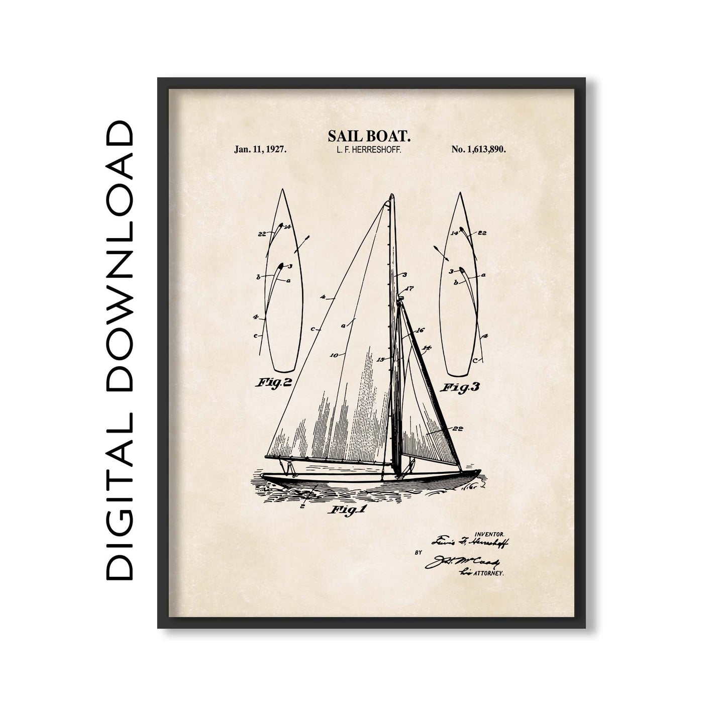 Sailboat Patent Wall Art - Nautical Coastal Print - PRINTABLE DIGITAL DOWNLOAD