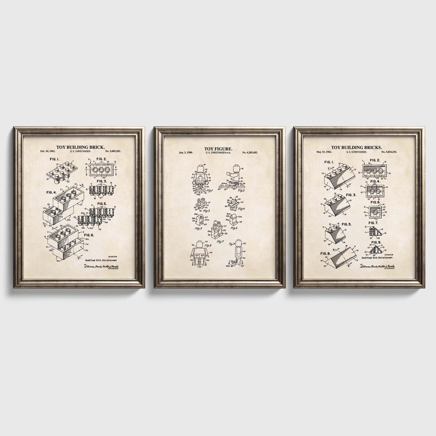 Toy Brick Patent Print Wall Art - Set of 3 Physical Prints