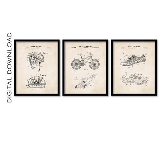 Mountain Bike Wall Art Set - Bike Frame, Helmet and Cycling Shoe Patent Prints - DIGITAL DOWNLOAD