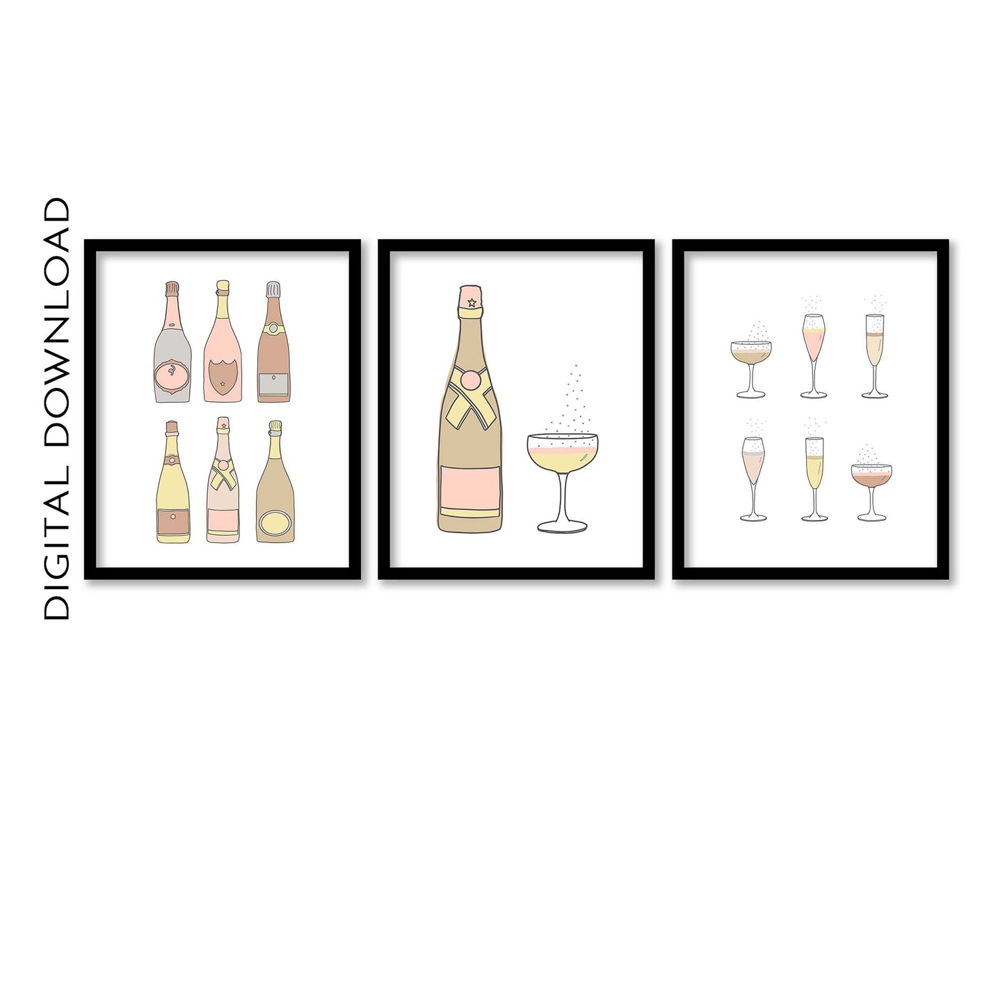 Champagne Wall Art Set - Modern Celebration Prints - DIGITAL DOWNLOAD