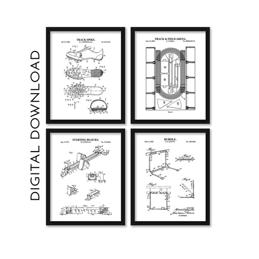 Set of four black and white track and field drawings on a white background with 'Digital Download' text.
