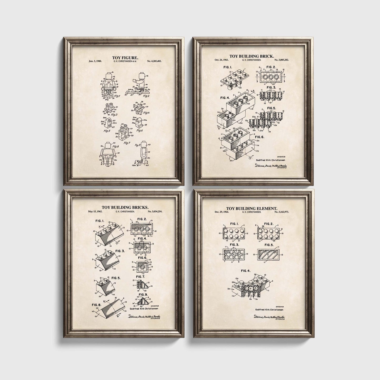 Toy Brick Patent Print Wall Art - Set of 4 Physical Prints