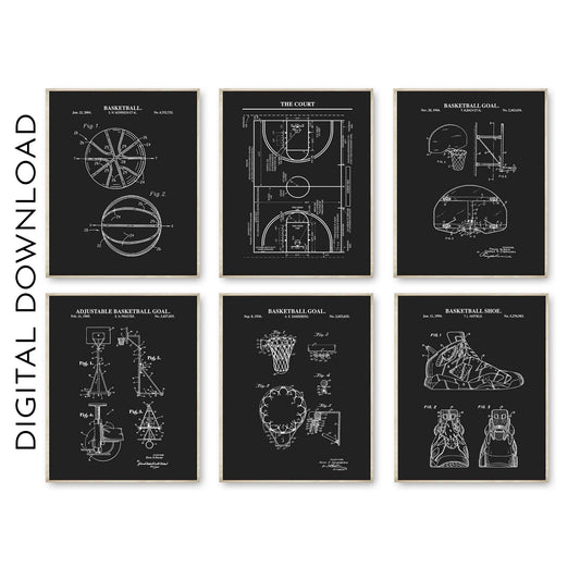 Set of six black and white basketball-related patent prints on a white background.