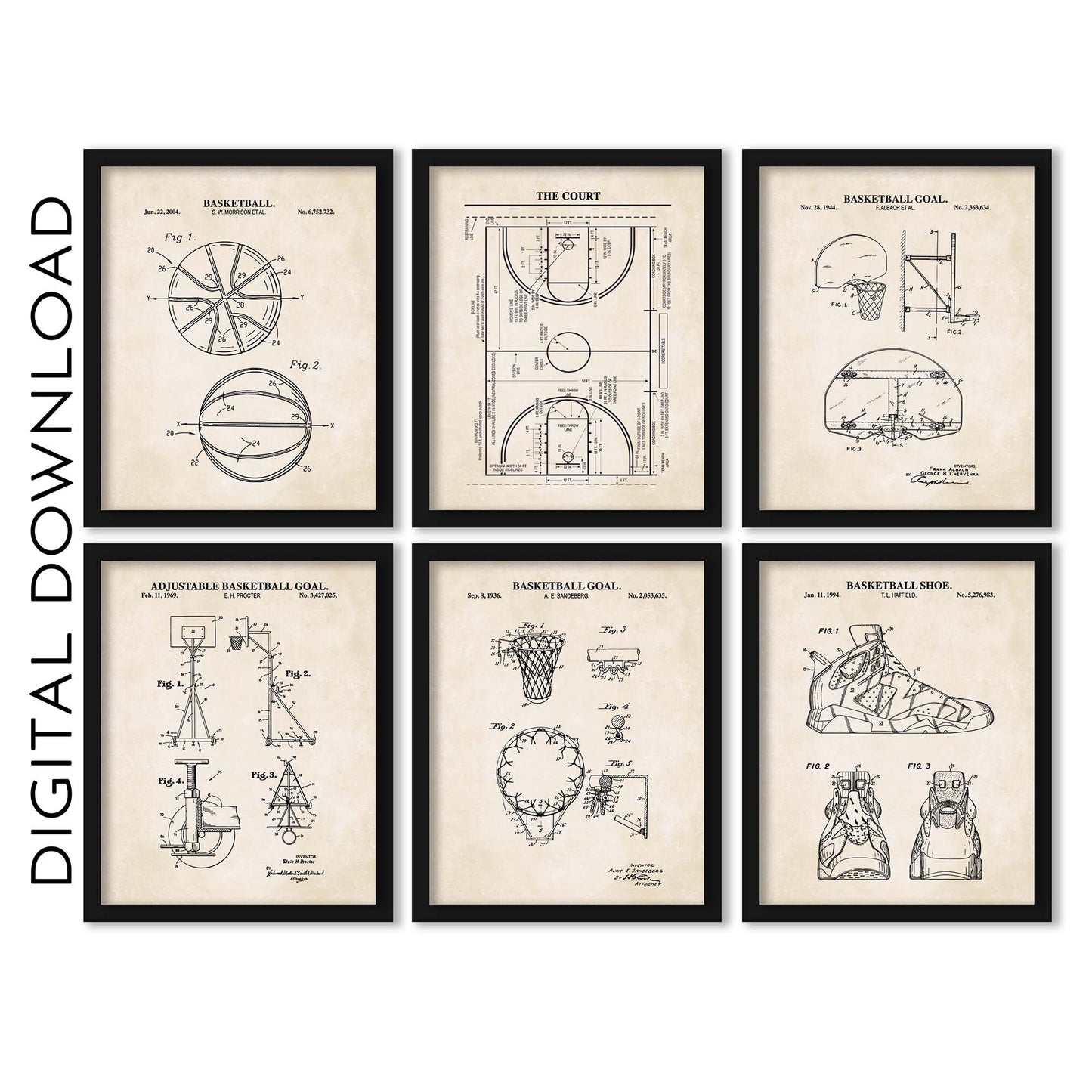 Basketball Patent Print Wall Art - Set of 6 - PRINTABLE DIGITAL DOWNLOAD
