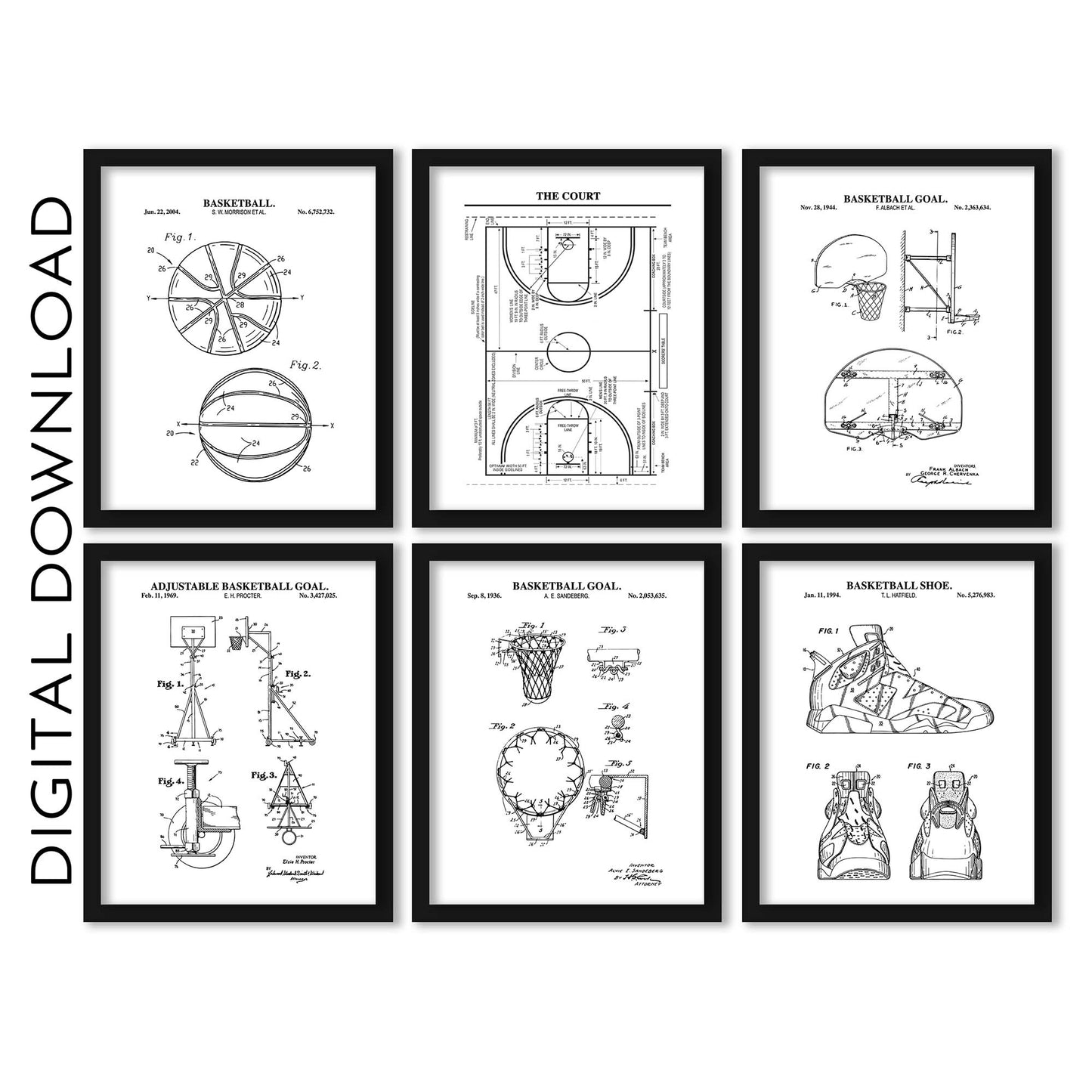 Basketball Patent Print Wall Art - Set of 6 - PRINTABLE DIGITAL DOWNLOAD