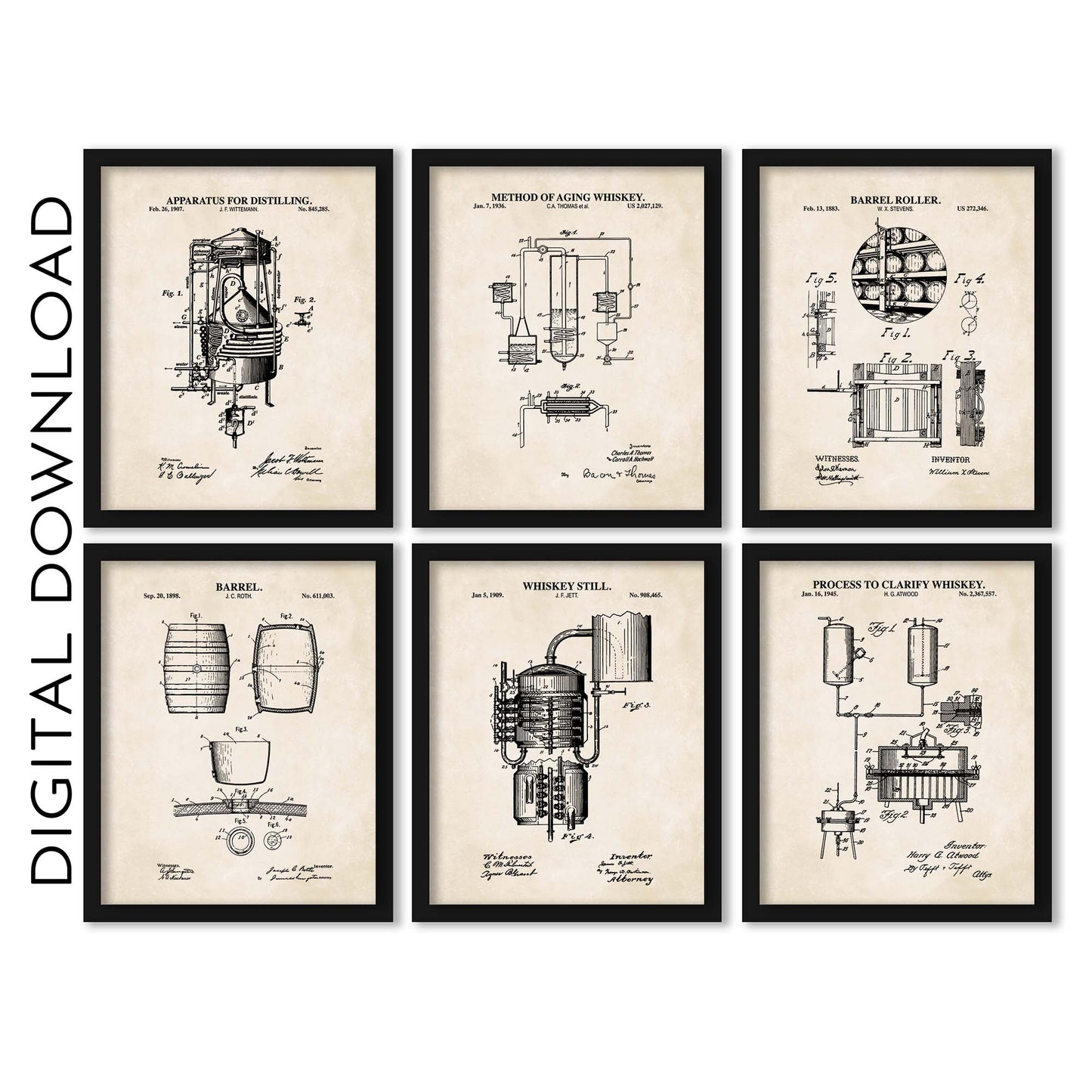 Whiskey Making Patent Print Wall Art - Set of 6 - PRINTABLE DIGITAL DOWNLOAD