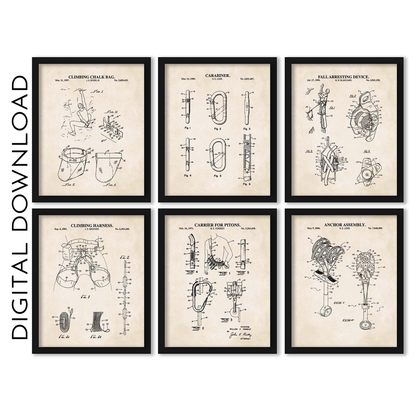 Rock Climbing Patent Print Wall Art - Set of 6 - PRINTABLE DIGITAL DOWNLOAD