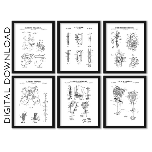 Set of six framed black and white rock climbing technical drawings on a white background