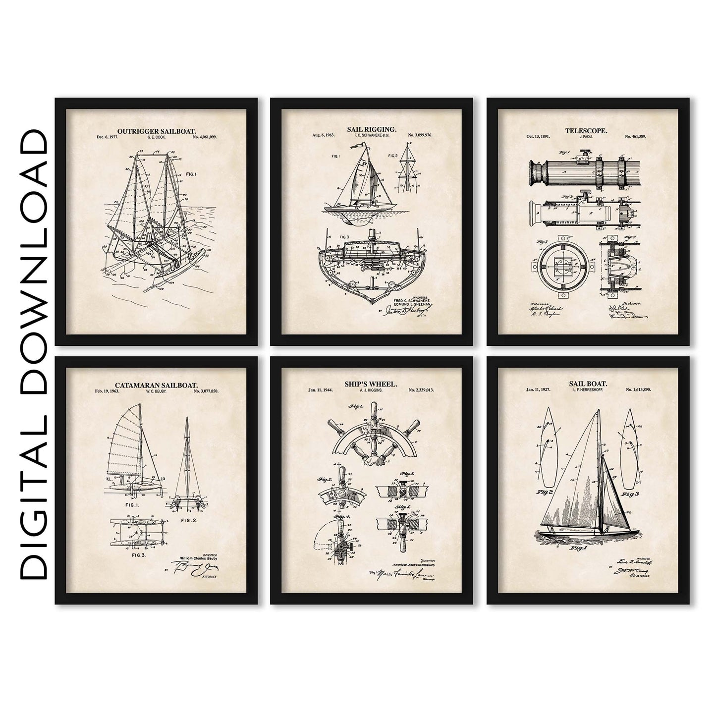 Nautical Sailing Patent Print Wall Art - Vintage Coastal Set of 6 - PRINTABLE DIGITAL DOWNLOAD