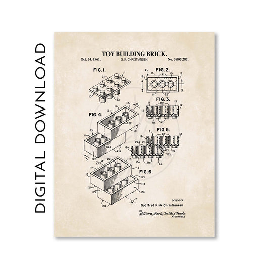 Toy building brick patent illustration on a beige background with 'Digital Download' text.