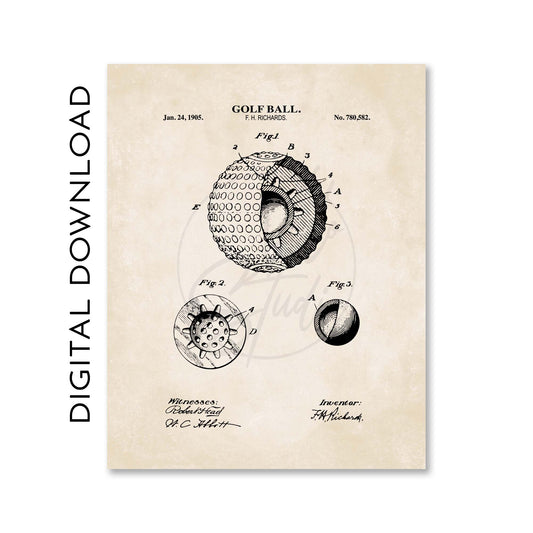 Golf ball patent illustration on a beige background with 'Digital Download' text.