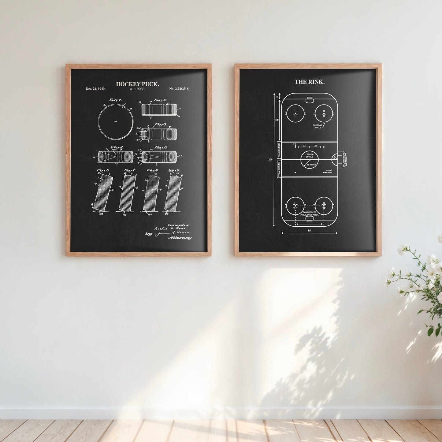 Hockey Wall Art Set - Puck Patent & Rink Diagram - Ready to Frame Prints
