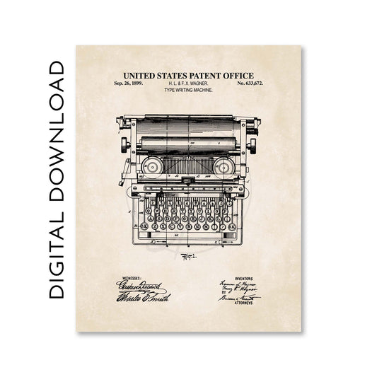 Typewriter Wall Art - Antique Typewriter Patent Print Poster - PRINTABLE DIGITAL DOWNLOAD