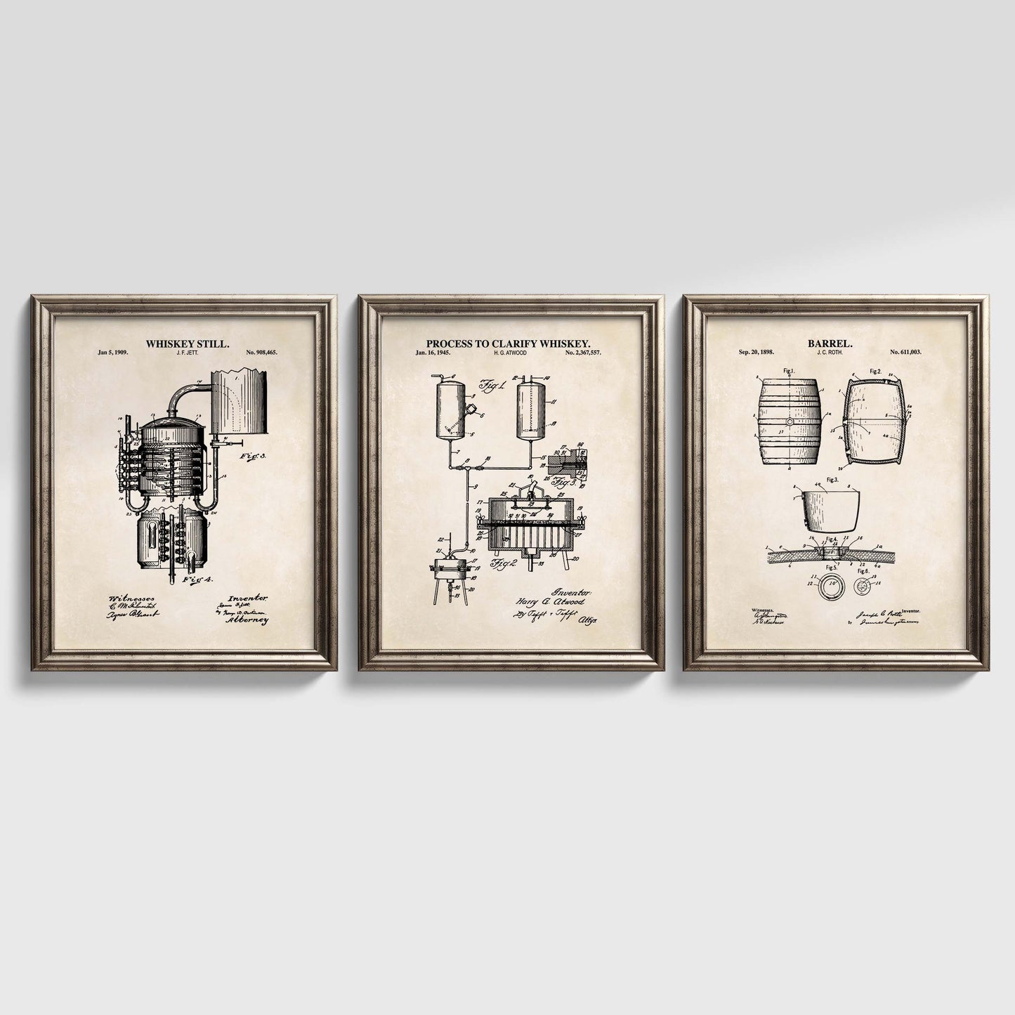 Whiskey Bourbon Patent Wall Art - Set of 3 Physical Prints