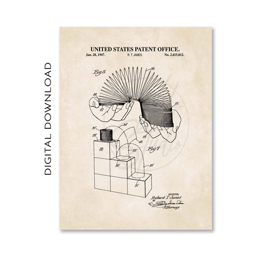 Patent illustration of a spring toy device with text from the United States Patent Office on a beige background.