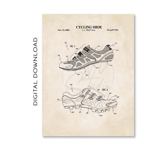 Cycling shoe patent illustration on a beige background with text and numbers.