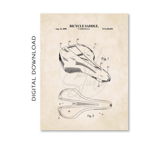 Bicycle saddle patent illustration on a beige background with text and numbers.