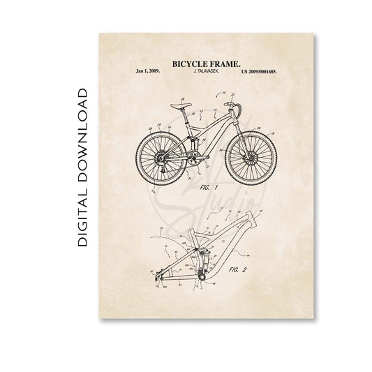 Bicycle frame patent illustration on a beige background