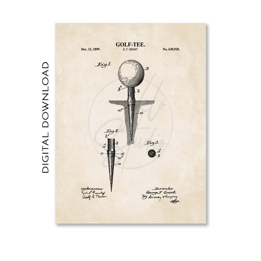 Vintage-style diagram of a golf tee on a beige background with text