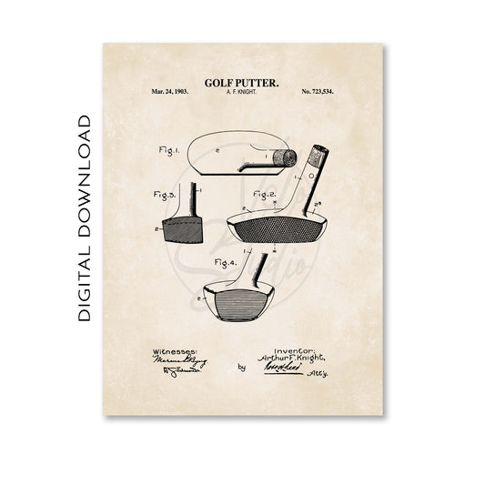 Golf putter patent illustration on a beige background