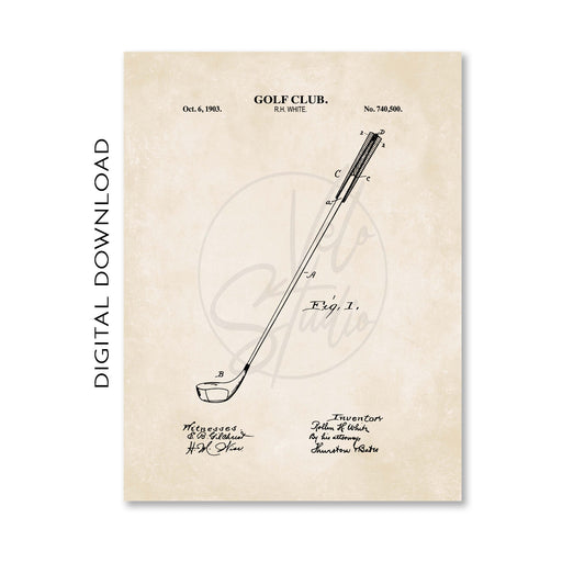 Golf club patent illustration on a beige background with text