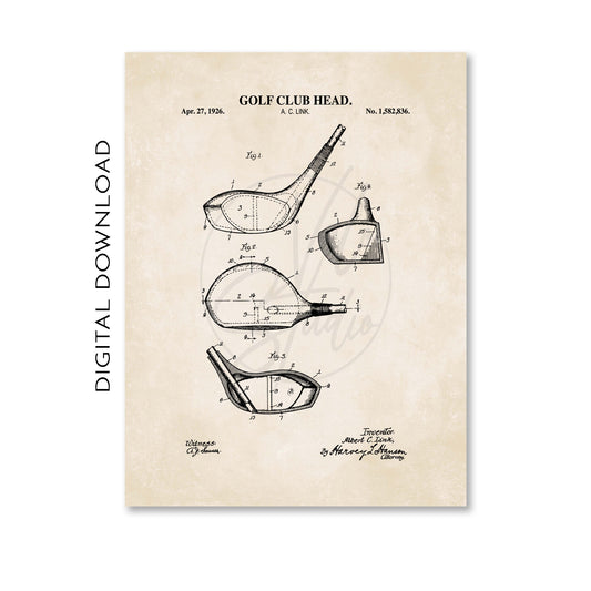 Golf club head patent illustration on a beige background
