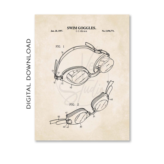Swim goggles patent illustration on a beige background