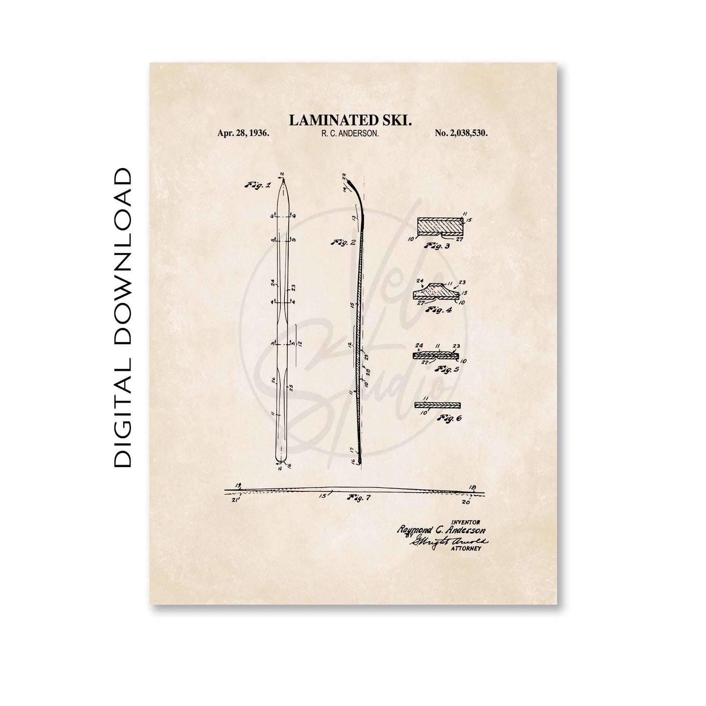 Patent illustration of a laminated ski on a beige background