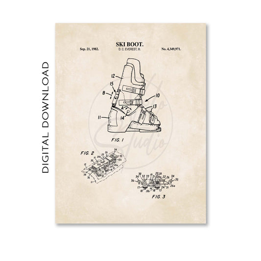 Ski boot patent illustration on a beige background