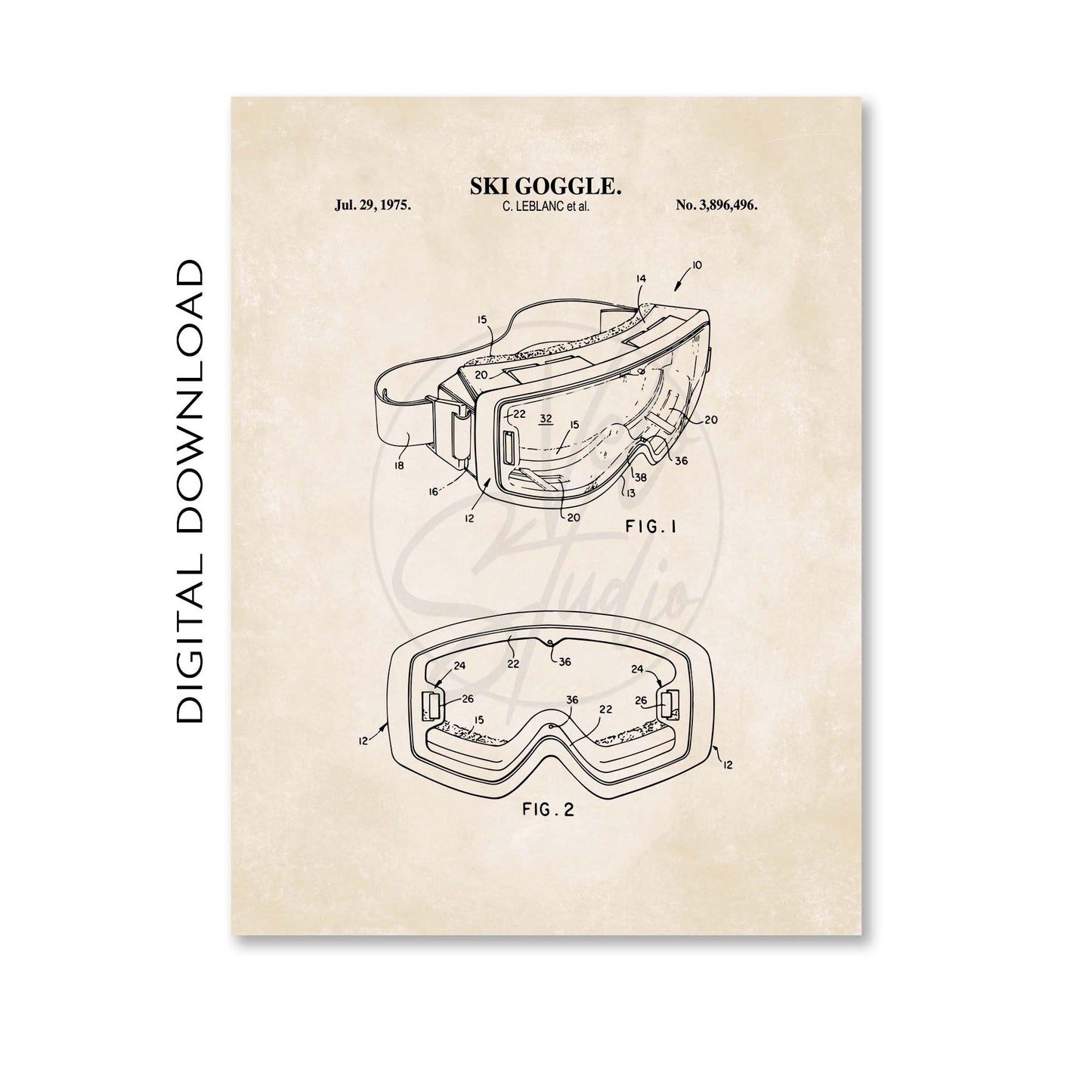Ski Goggle Patent Wall Art - PRINTABLE DIGITAL DOWNLOAD