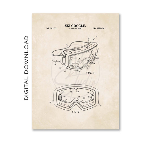 Patent illustration of a ski goggle on a beige background