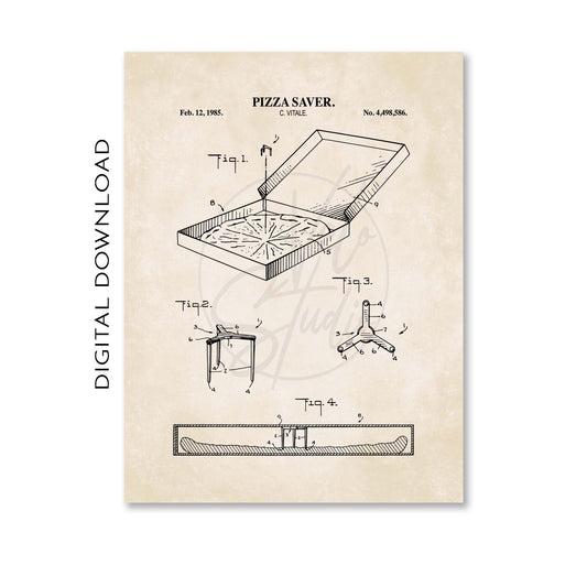 Patent illustration of a pizza saver on a beige background