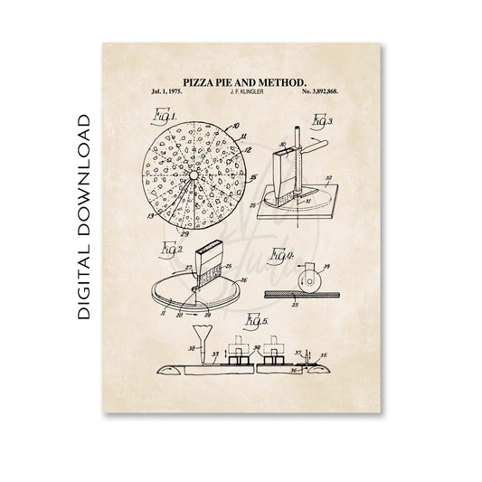 Vintage-style pizza pie method patent illustration on a beige background