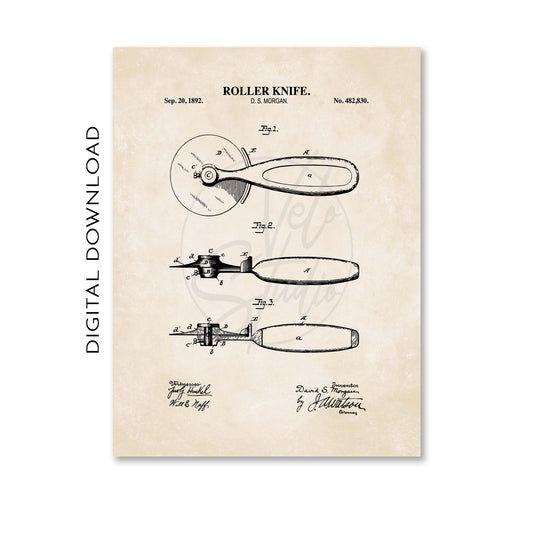 Vintage patent illustration of a pizza roller knife on a beige background