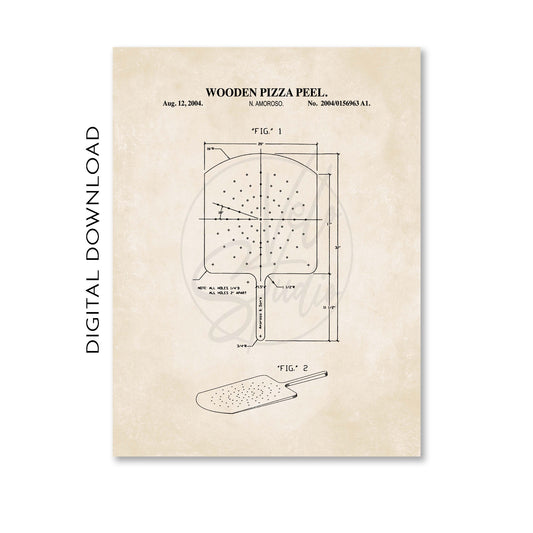 Patent-style illustration of a wooden pizza peel on a beige background