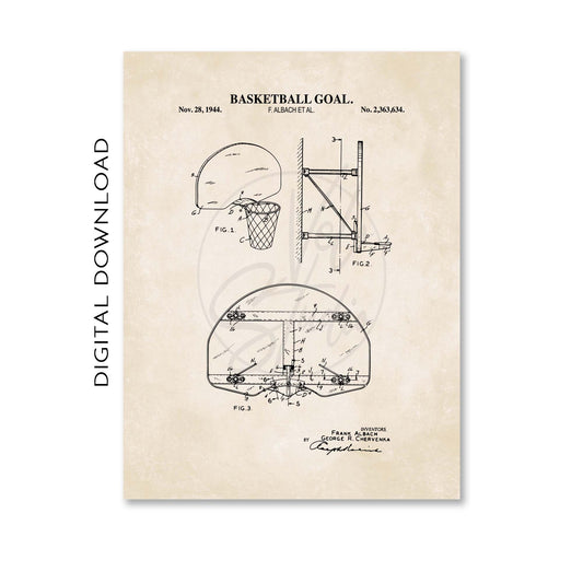 Basketball goal patent illustration on a beige background