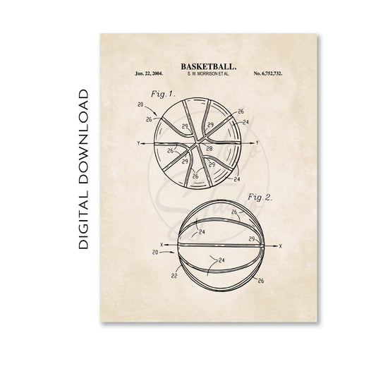Basketball patent illustration on a beige background with text and numbers.