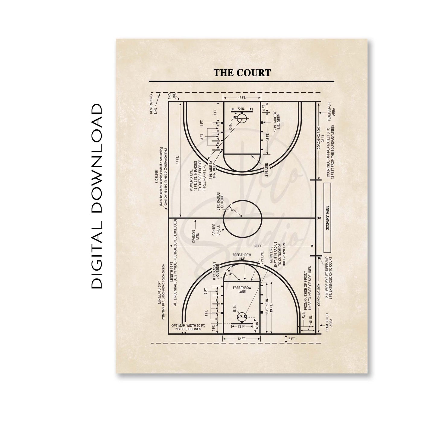 Basketball Court Diagram Wall Art - PRINTABLE DIGITAL DOWNLOAD