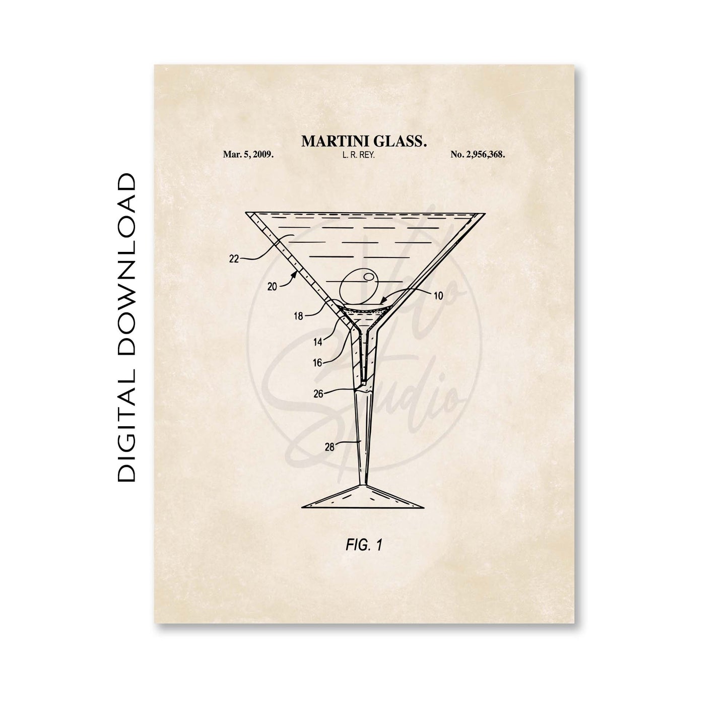 Martini Glass Patent Wall Art Print - PRINTABLE DIGITAL DOWNLOAD