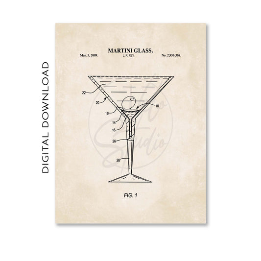 Digital download of a martini glass patent illustration on a beige background