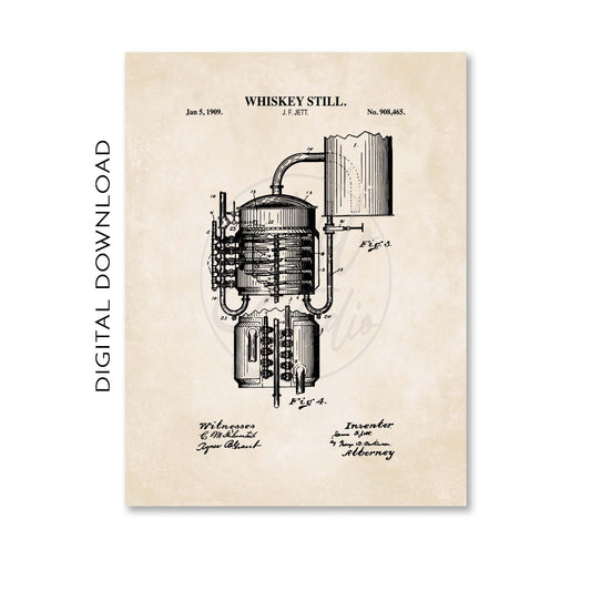 Vintage-style diagram of a whiskey still on a beige background