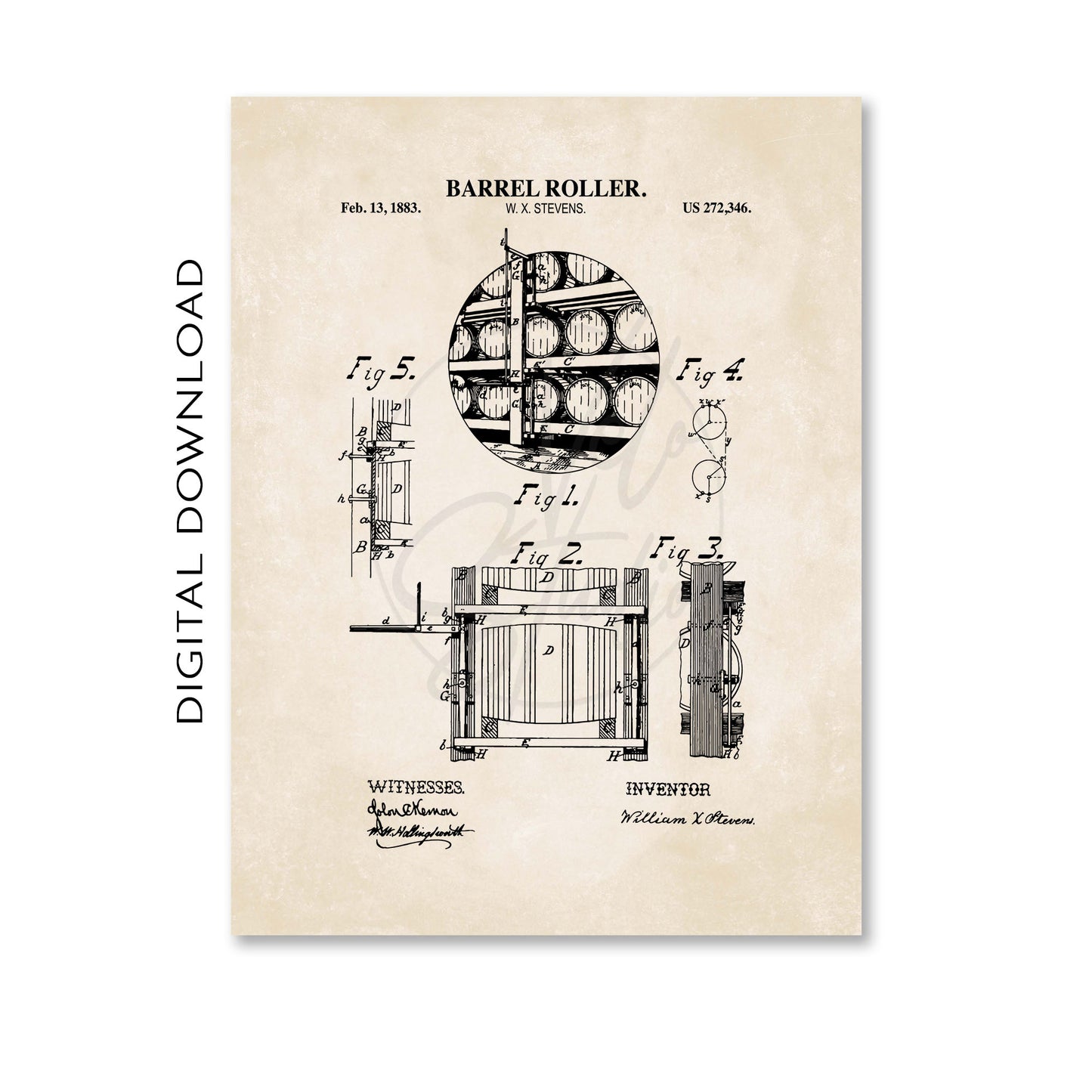 Whiskey Barrel Roller Vintage Patent Wall Art - PRINTABLE DIGITAL DOWNLOAD