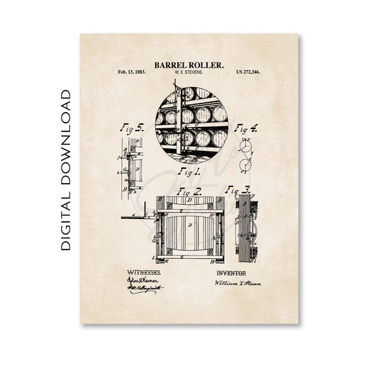 Patent poster of a bourbon barrel roller design with technical illustrations and text on a beige background.