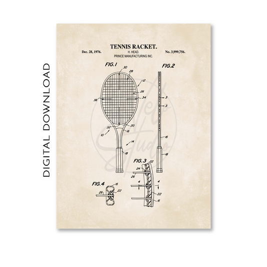 Vintage-style tennis racket patent illustration with technical drawings on a beige background.