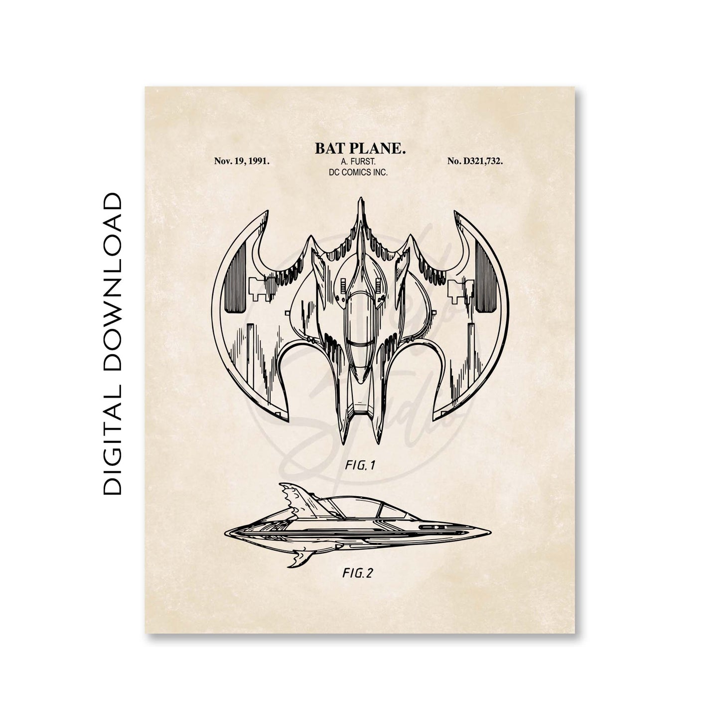 Bat Superhero Patent Wall Art - Plane - PRINTABLE DIGITAL DOWNLOAD