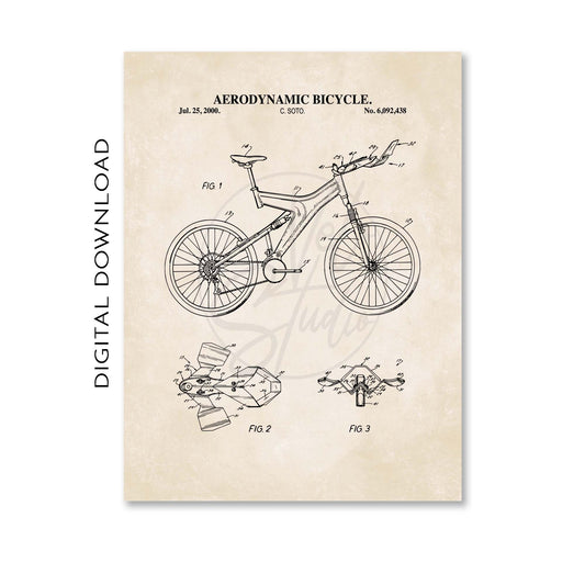 Patent-style illustration of an aerodynamic bicycle on a beige background