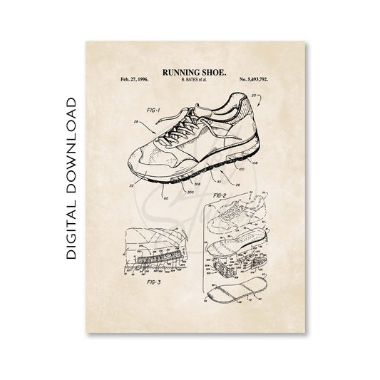 Running shoe patent illustration on a beige background