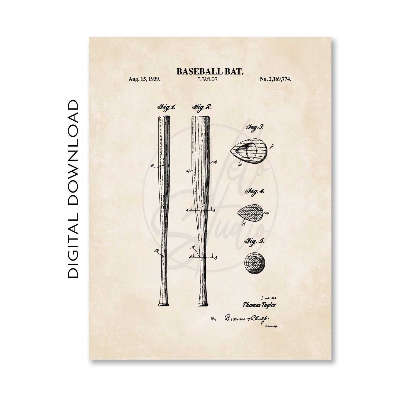 Baseball Bat Patent Wall Art - PRINTABLE DIGITAL DOWNLOAD