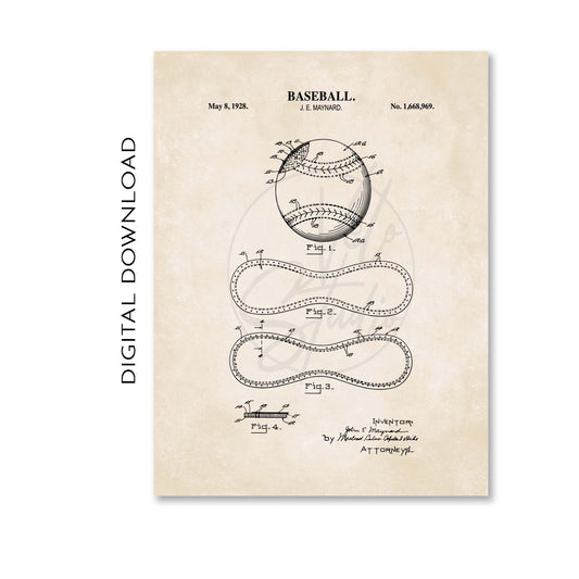 Baseball patent illustration on a beige background with 'Digital Download' text.