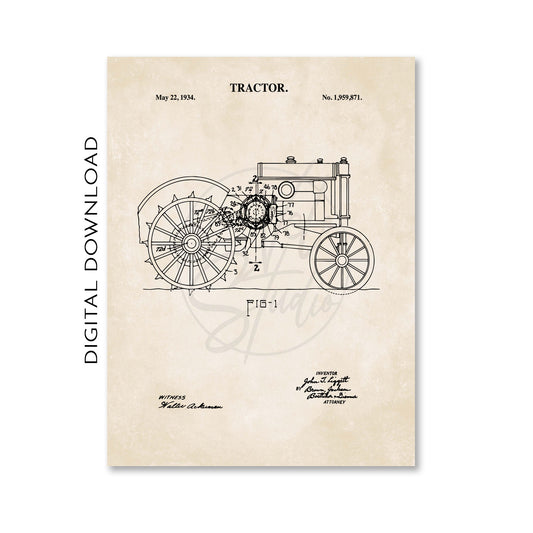 Antique Tractor Wall Art - 1934 Tractor Patent Print - DIGITAL DOWNLOAD